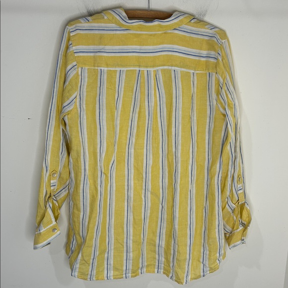 J. JILL Love Linen Yellow Striped Collared Popover Top Size Medium - Picture 3 of 16